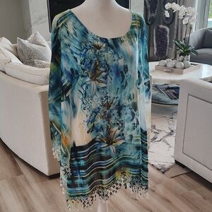 Blue Water Color Lily Floral Tunic Swimsuit Cover